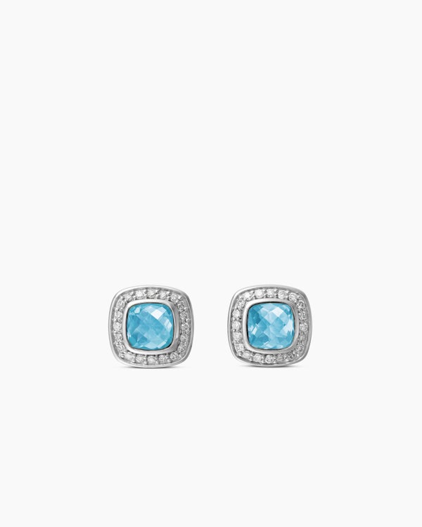 Petite Albion® Stud Earrings in Sterling Silver with Blue Topaz and Pavé Diamonds, 5mm