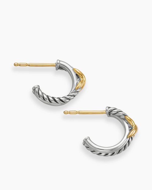 Womens Petite X Hoop Earrings in Sterling Silver with 18K Yellow Gold, 12.6mm