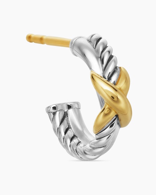 Womens Petite X Hoop Earrings in Sterling Silver with 18K Yellow Gold, 12.6mm