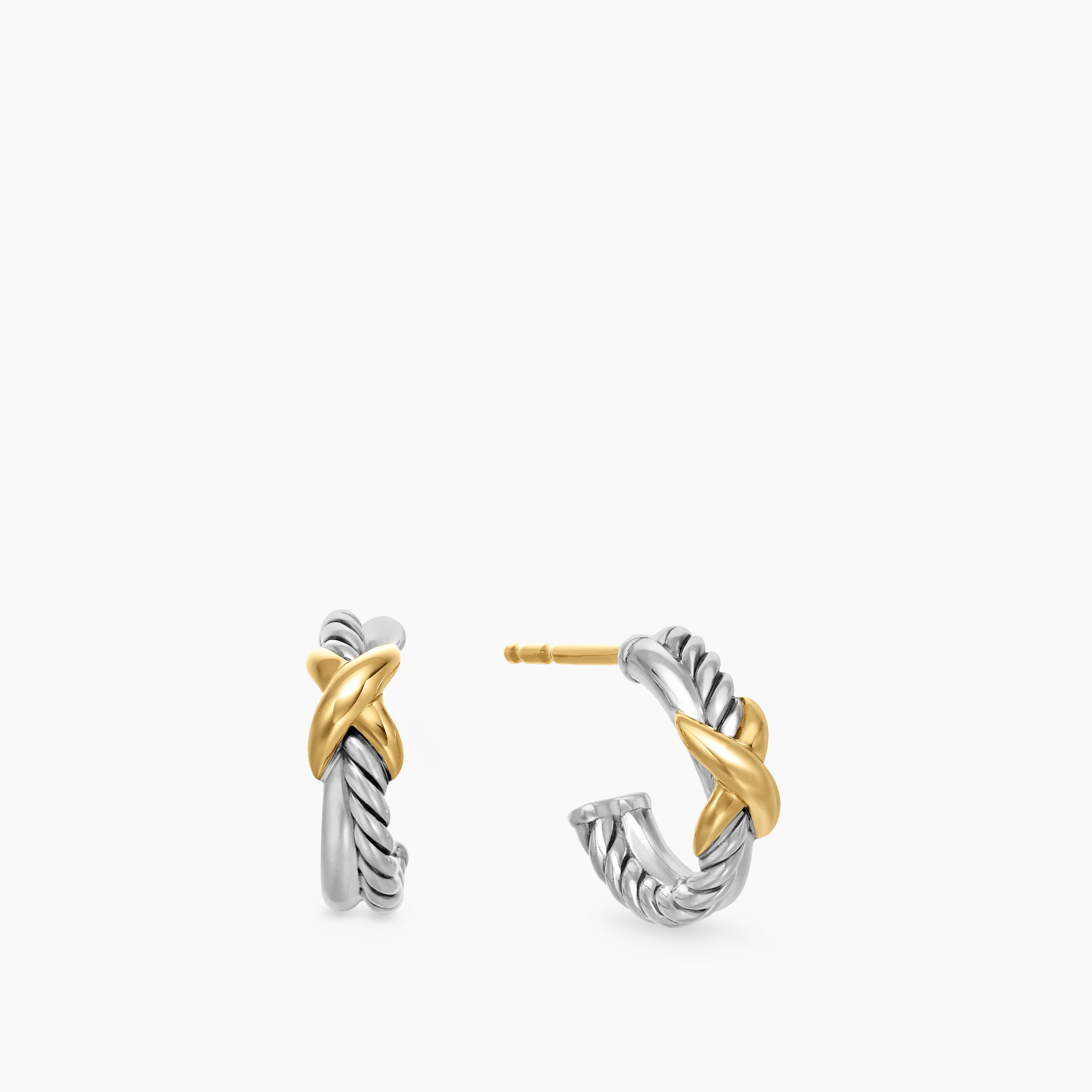 Womens Petite X Hoop Earrings in Sterling Silver with 18K Yellow Gold, 12.6mm