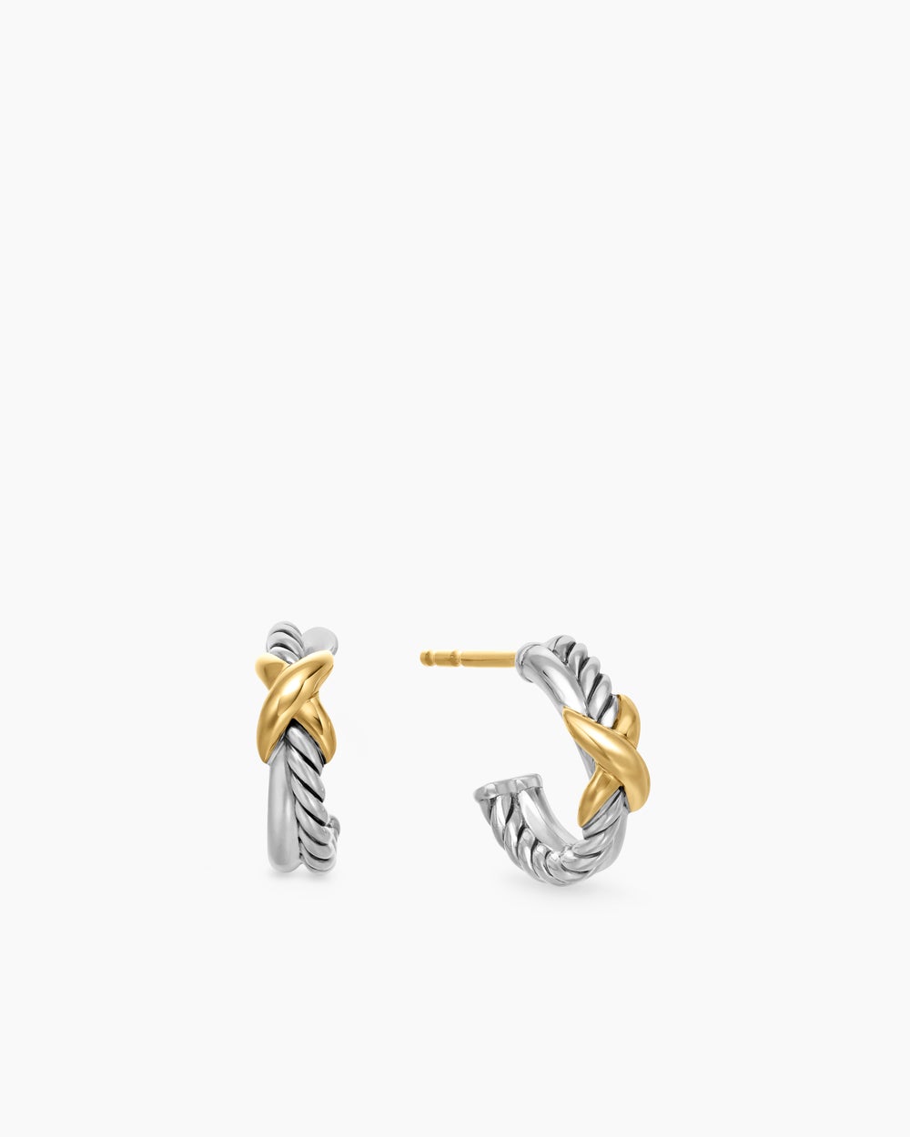 Womens Petite X Hoop Earrings in Sterling Silver with 18K Yellow Gold, 12.6mm