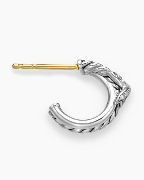 Womens Petite X Hoop Earrings in Sterling Silver with Pavé Diamonds, 12.6mm