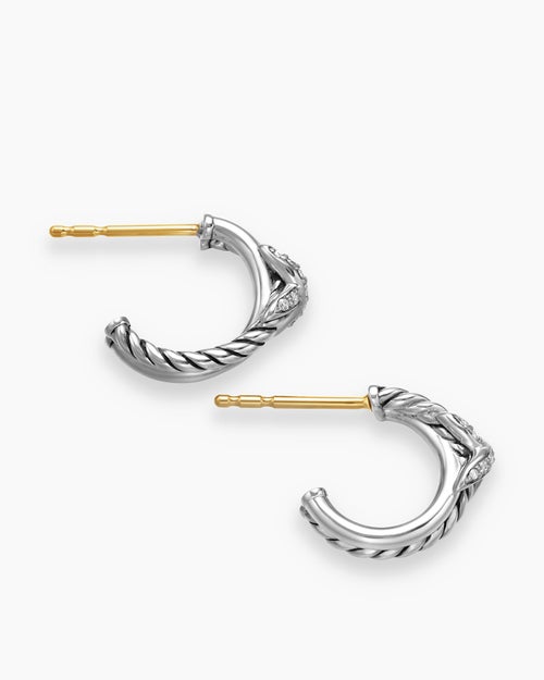 Womens Petite X Hoop Earrings in Sterling Silver with Pavé Diamonds, 12.6mm
