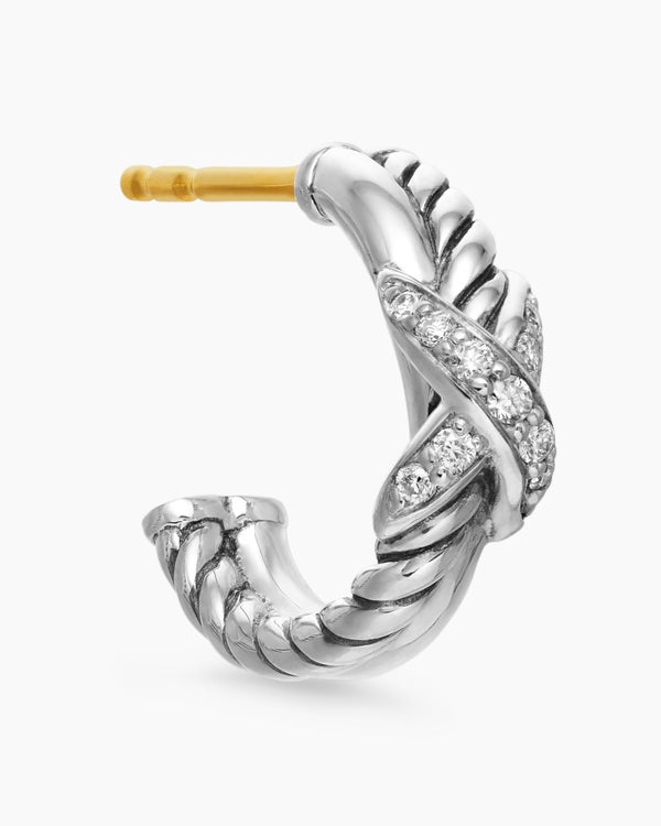 Petite X Hoop Earrings in Sterling Silver with Pavé Diamonds, 12.6mm