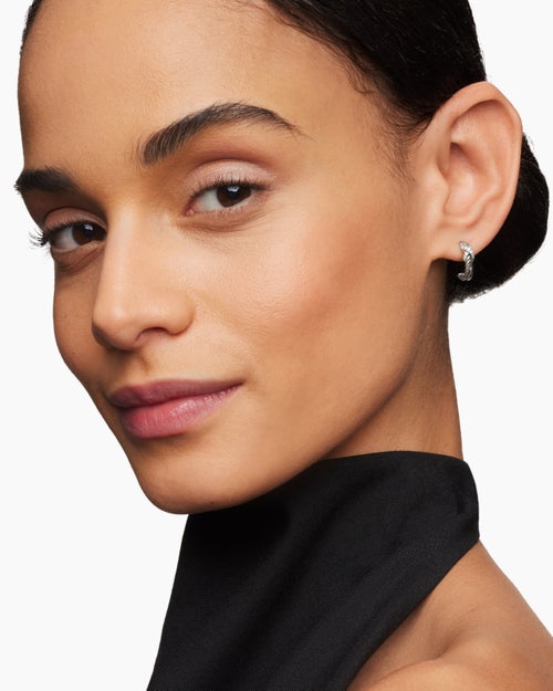 Womens Petite X Hoop Earrings in Sterling Silver with Pavé Diamonds, 12.6mm