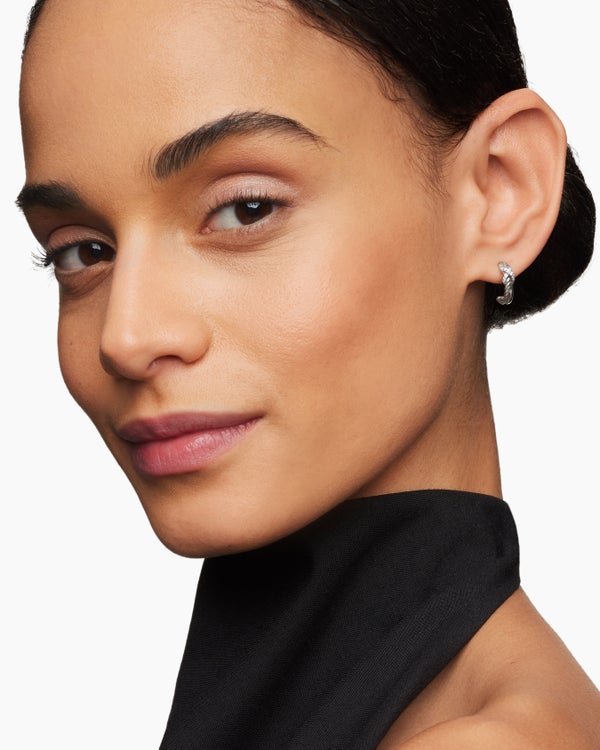 Petite X Hoop Earrings in Sterling Silver with Pavé Diamonds, 12.6mm