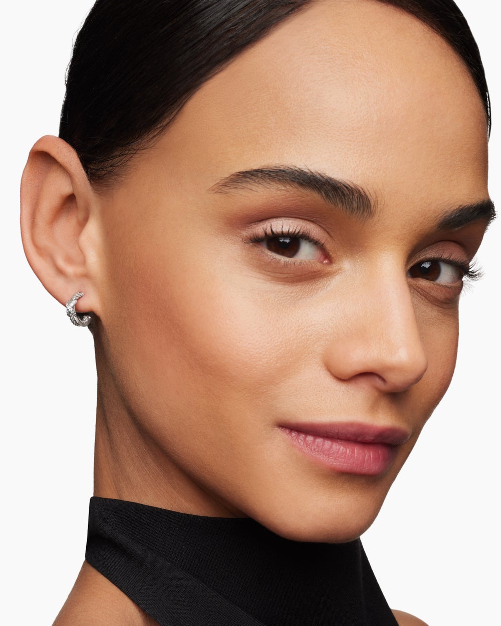 Womens Petite X Hoop Earrings in Sterling Silver with Pavé Diamonds, 12.6mm