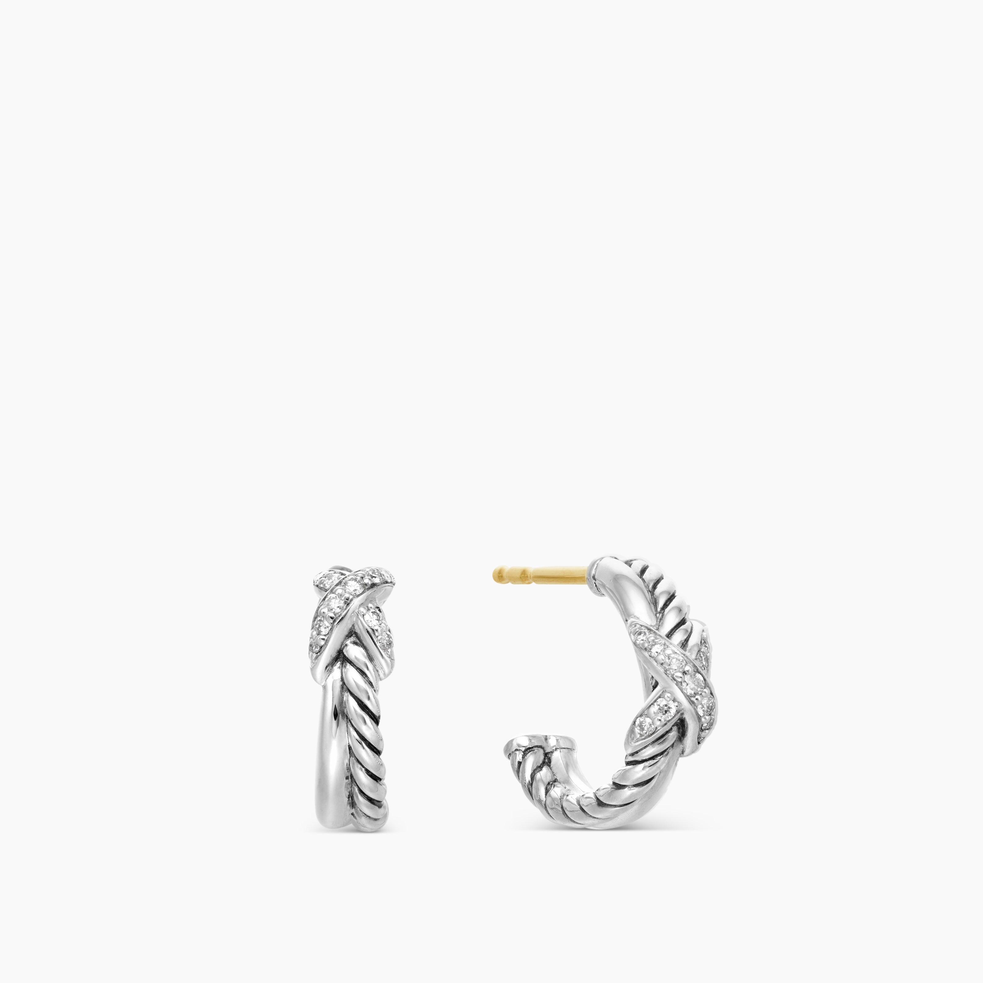 Womens Petite X Hoop Earrings in Sterling Silver with Pav&eacute; Diamonds, 12.6mm