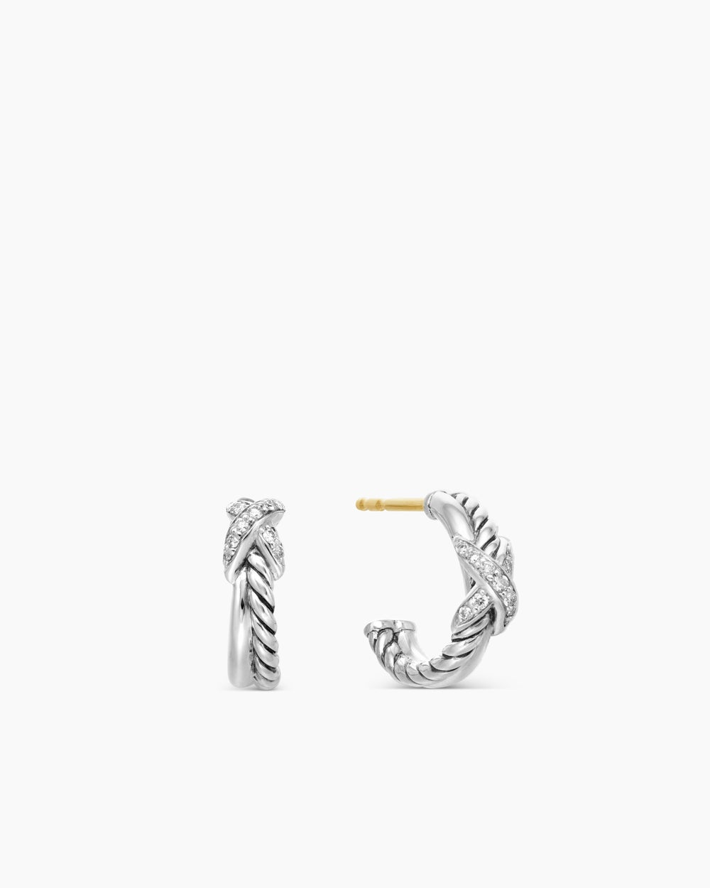 Womens Petite X Hoop Earrings in Sterling Silver with Pavé Diamonds, 12.6mm