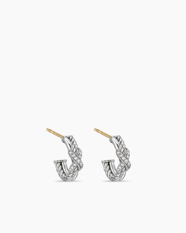Petite X Hoop Earrings in Sterling Silver with Pavé Diamonds, 12.6mm