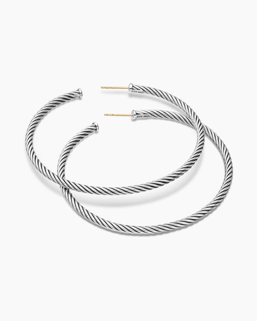 Womens Cable Hoop Earrings in Sterling Silver, 2.5in