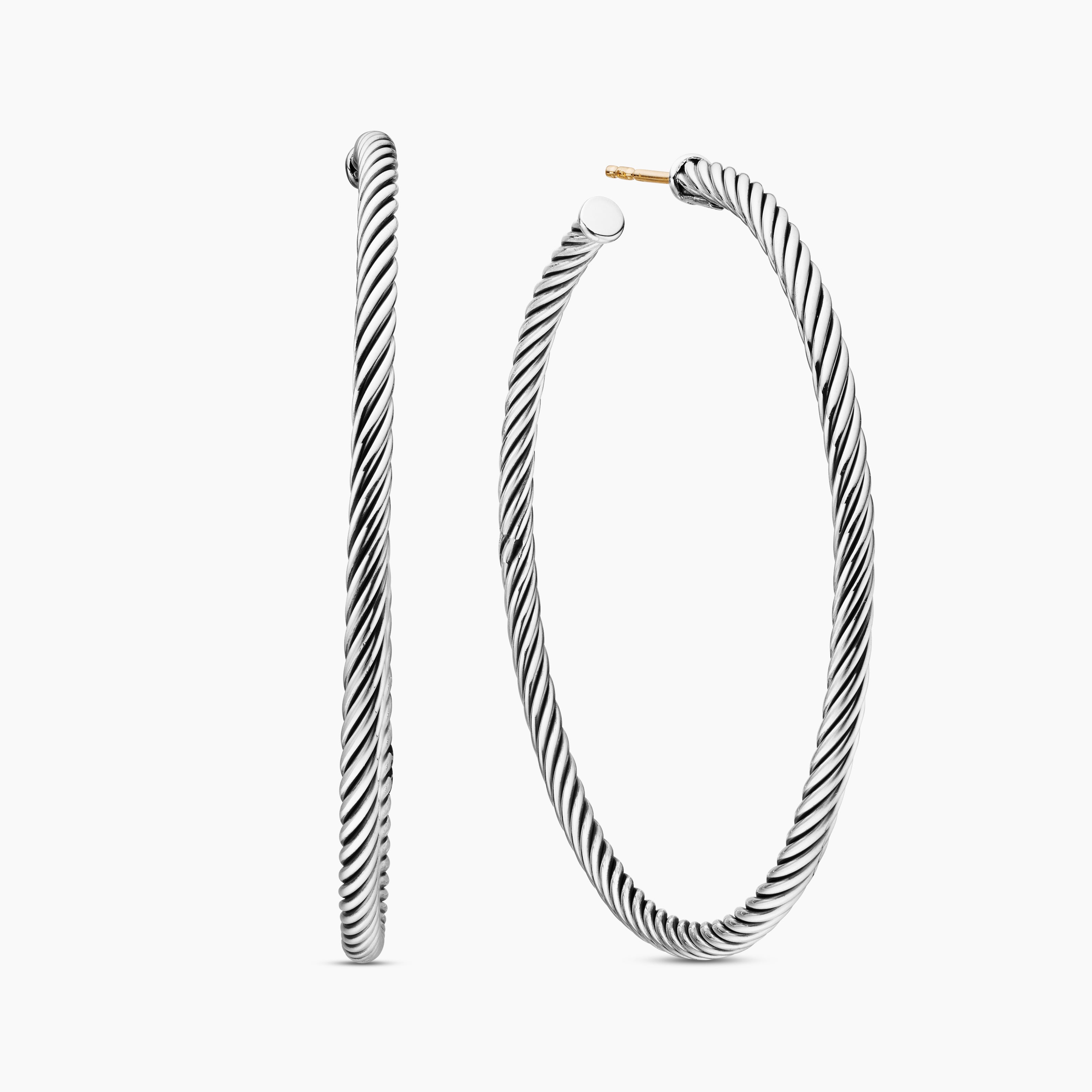 Womens Cable Hoop Earrings in Sterling Silver, 2.5in