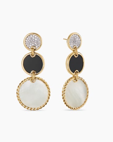DY Elements® Triple Drop Earrings in 18K Yellow Gold with Mother of Pearl, Black Onyx and Diamonds, 48.8mm