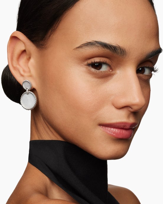 DY Elements® Double Drop Earrings in Sterling Silver with Mother of Pearl and Diamonds, 33mm
