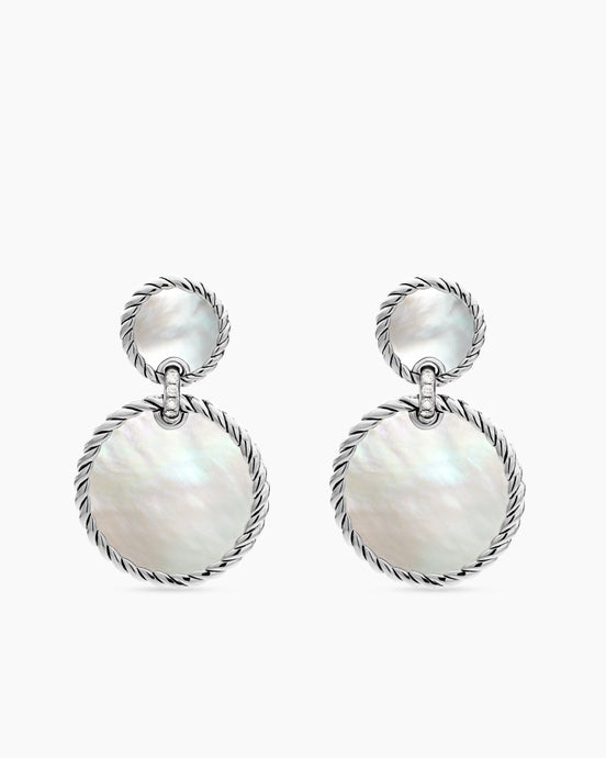 DY Elements® Double Drop Earrings in Sterling Silver with Mother of Pearl and Diamonds, 33mm
