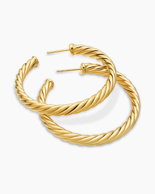 Womens Sculpted Cable Hoop Earrings in 18K Yellow Gold, 1.75in