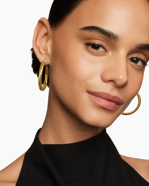 Womens Sculpted Cable Hoop Earrings in 18K Yellow Gold, 1.75in