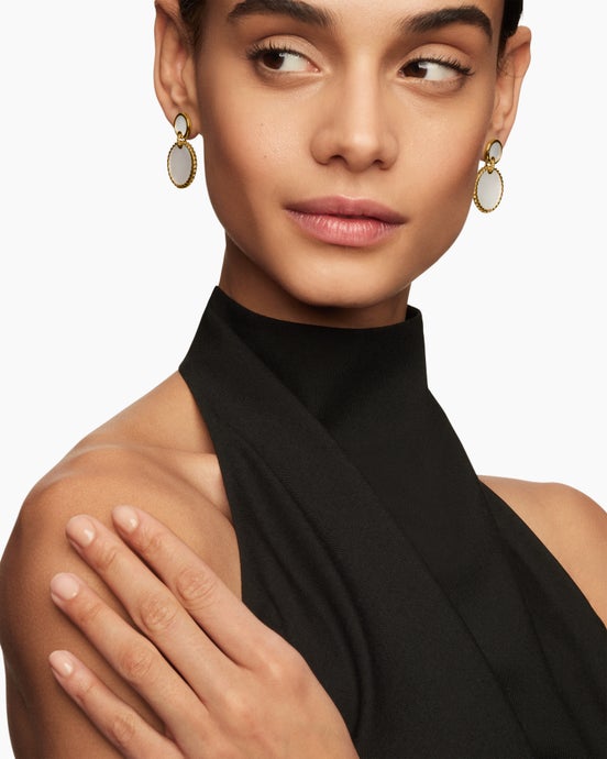 DY Elements® Double Drop Earrings in 18K Yellow Gold with Mother of Pearl, 33mm