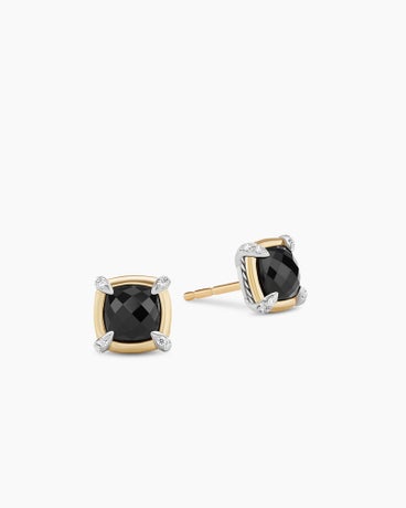 Petite Chatelaine® Stud Earrings in Sterling Silver with 18K Yellow Gold, Black Onyx and Diamonds, 5mm