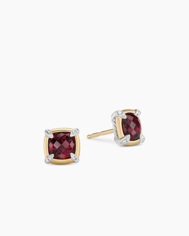 Petite Chatelaine® Stud Earrings in Sterling Silver with 18K Yellow Gold, Garnet and Diamonds, 5mm