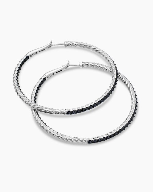 Womens Reverse Set Pavé Hoop Earrings in 18K White Gold with Black Diamonds, 50.5mm