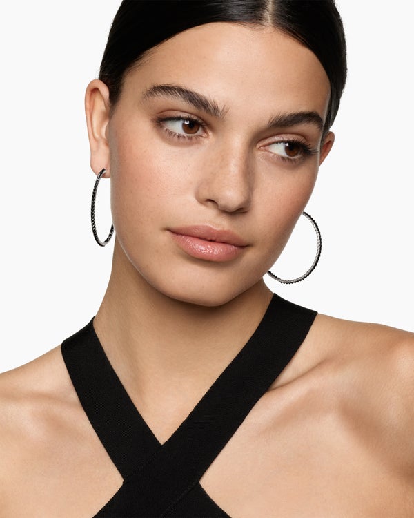 Reverse Set Pavé Hoop Earrings in 18K White Gold with Black Diamonds, 50.5mm