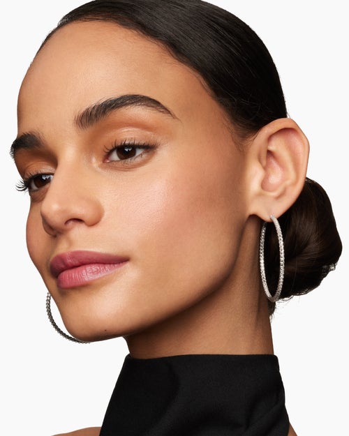 Womens Reverse Set Pavé Hoop Earrings in 18K White Gold with Diamonds, 50.5mm