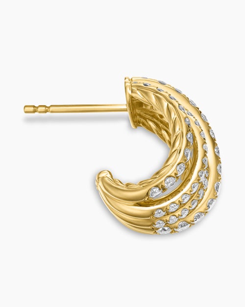 Womens Pavé Crossover Shrimp Earrings in 18K Yellow Gold with Diamonds, 15.8mm