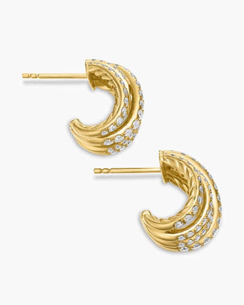 Womens Pavé Crossover Shrimp Earrings in 18K Yellow Gold with Diamonds, 15.8mm