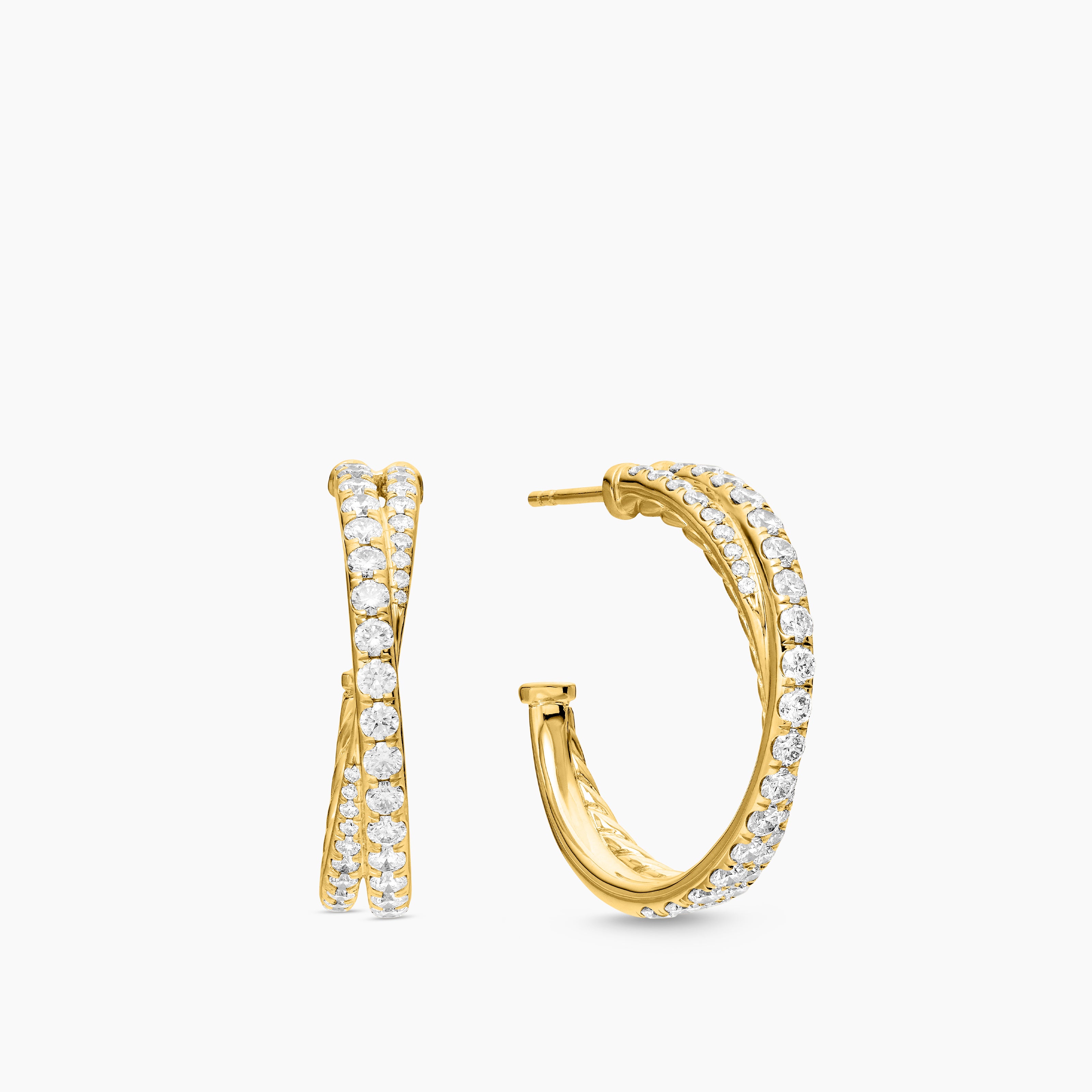 Womens Pav&eacute; Crossover Hoop Earrings in 18K Yellow Gold with Diamonds, 24mm