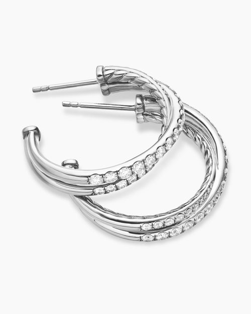 Womens Pavé Crossover Hoop Earrings in 18K White Gold with Diamonds, 24mm