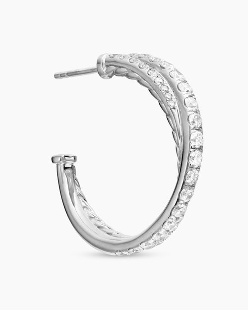 Womens Pavé Crossover Hoop Earrings in 18K White Gold with Diamonds, 24mm