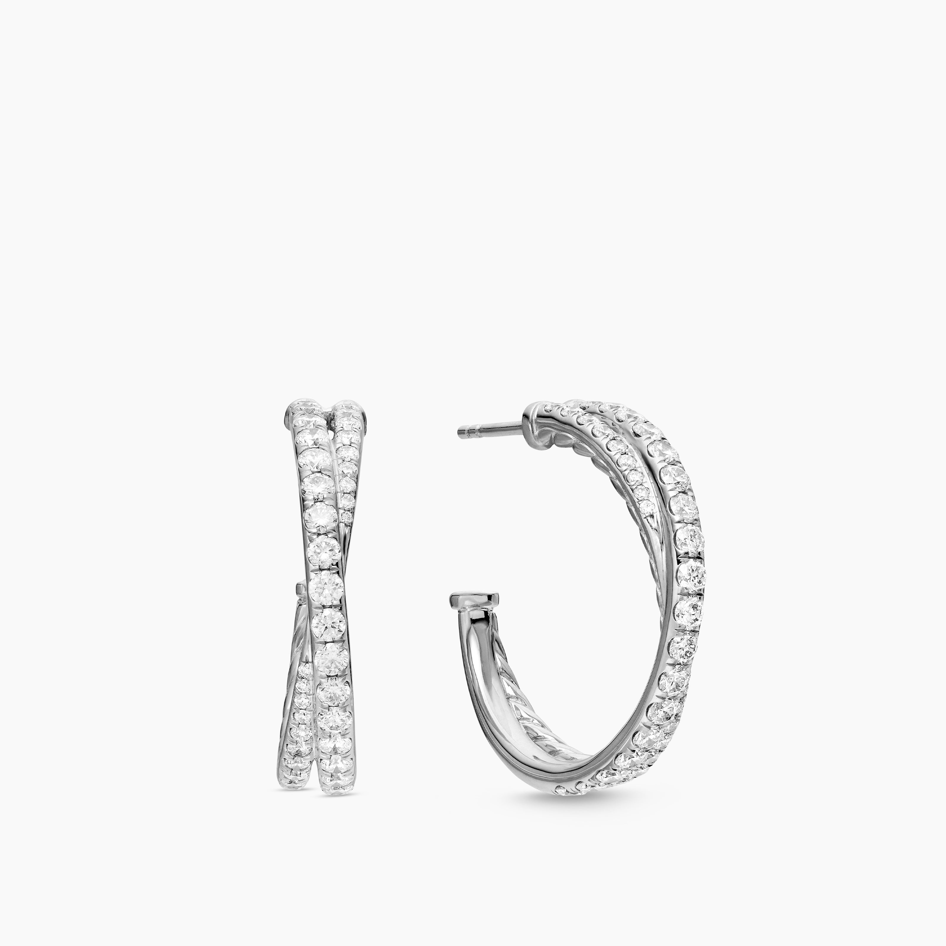Womens Pav&eacute; Crossover Hoop Earrings in 18K White Gold with Diamonds, 24mm