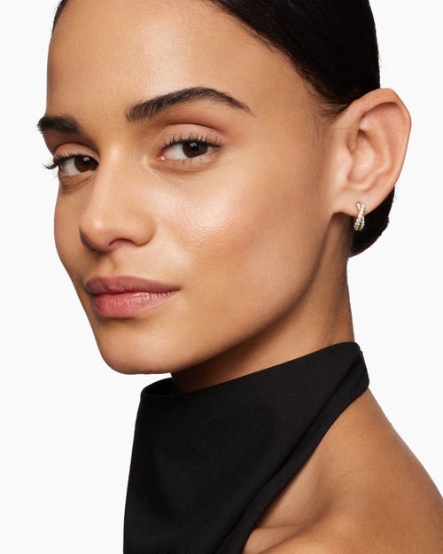 Womens Pavé Crossover Hoop Earrings in 18K Yellow Gold with Diamonds, 12mm