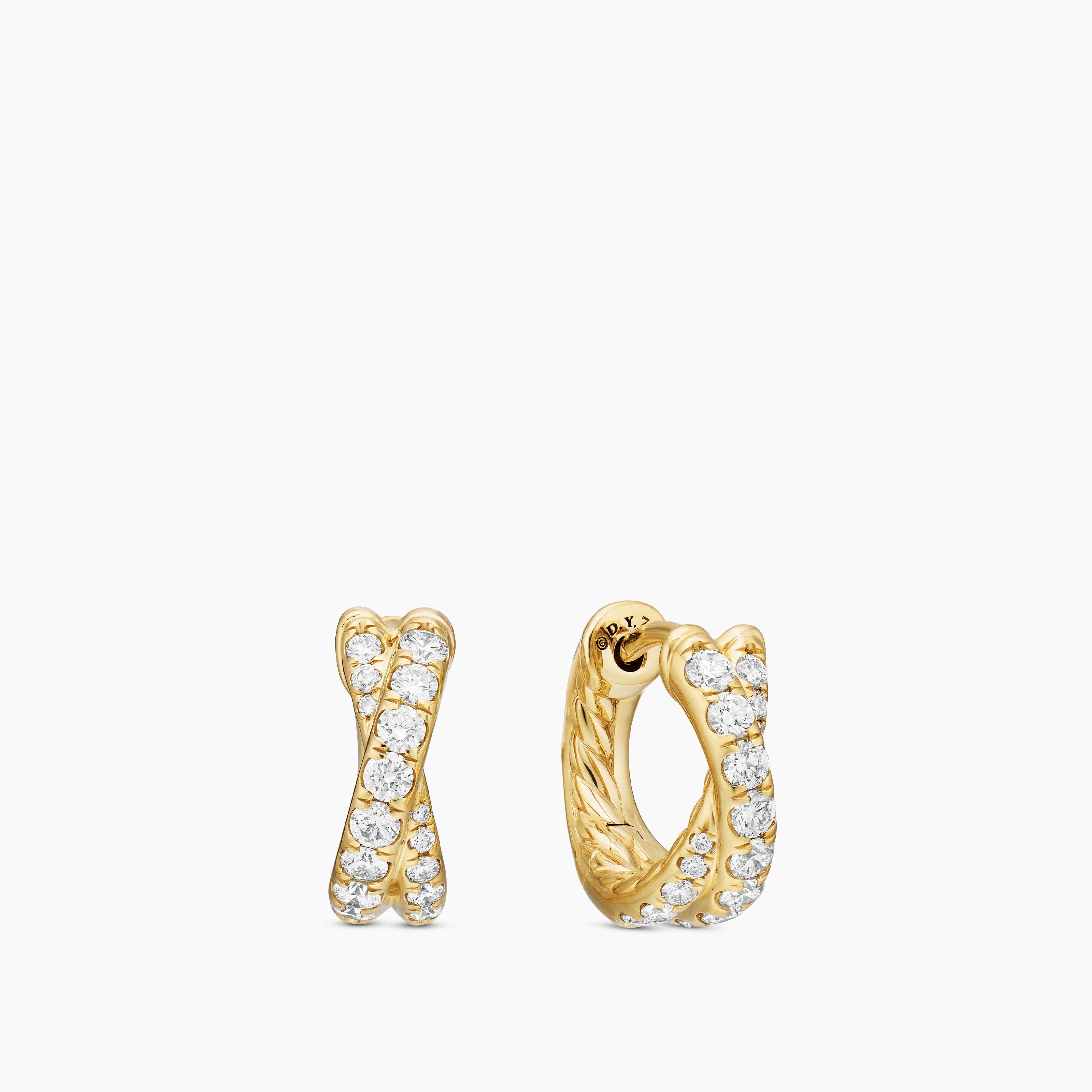 Womens Pav&eacute; Crossover Hoop Earrings in 18K Yellow Gold with Diamonds, 12mm