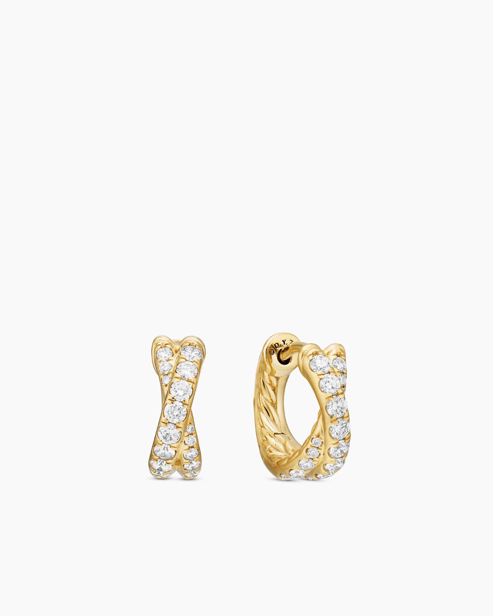 Womens Pavé Crossover Hoop Earrings in 18K Yellow Gold with Diamonds, 12mm