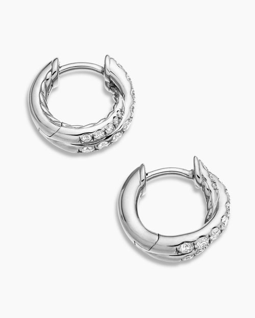 Womens Pavé Crossover Hoop Earrings in 18K White Gold with Diamonds, 12mm