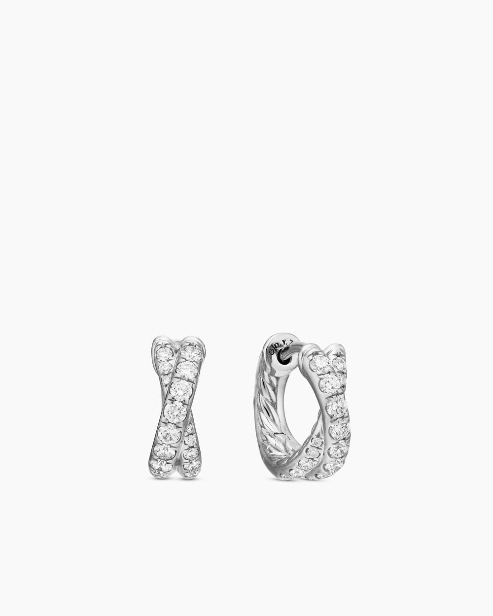 Womens Pavé Crossover Hoop Earrings in 18K White Gold with Diamonds, 12mm