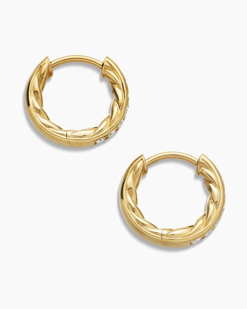 Womens Pavé Huggie Hoop Earrings in 18K Yellow Gold with Diamonds, 13mm