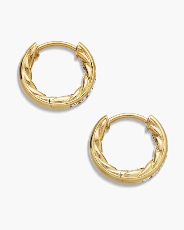 Pavé Huggie Hoop Earrings in 18K Yellow Gold with Diamonds, 13mm
