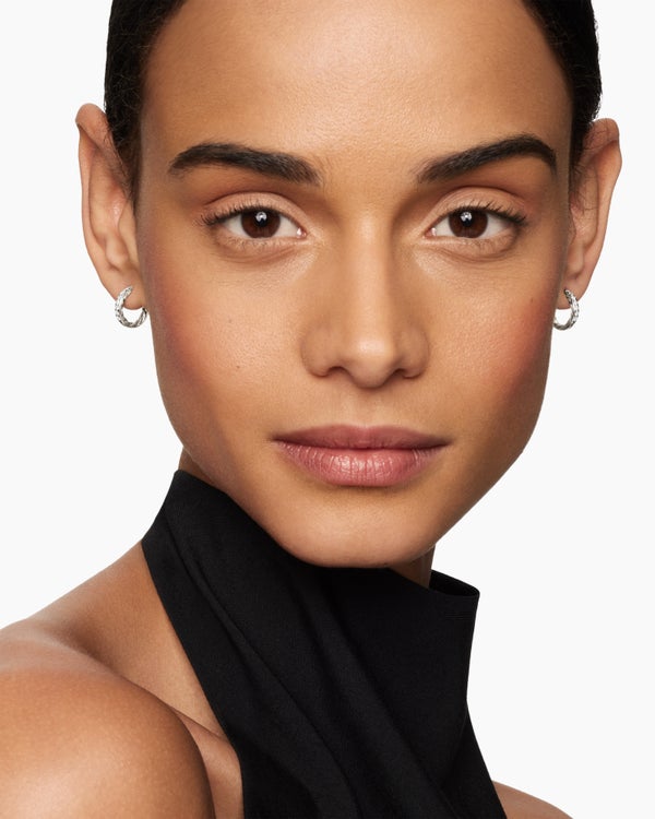 Pavé Huggie Hoop Earrings in Sterling Silver with Diamonds, 13mm