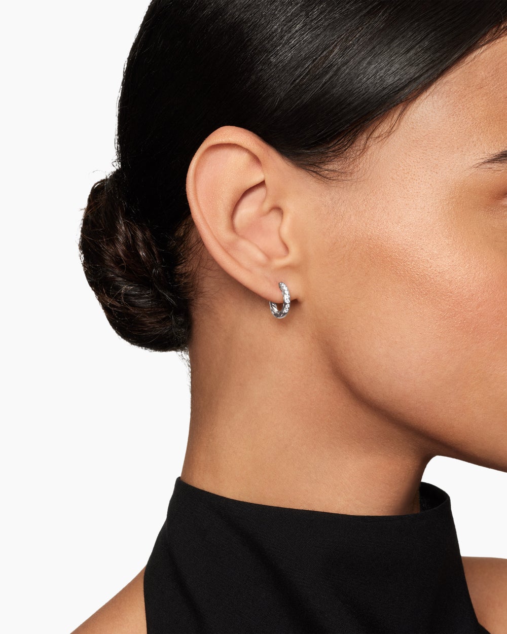 Womens Pavé Huggie Hoop Earrings in Sterling Silver with Diamonds, 13mm