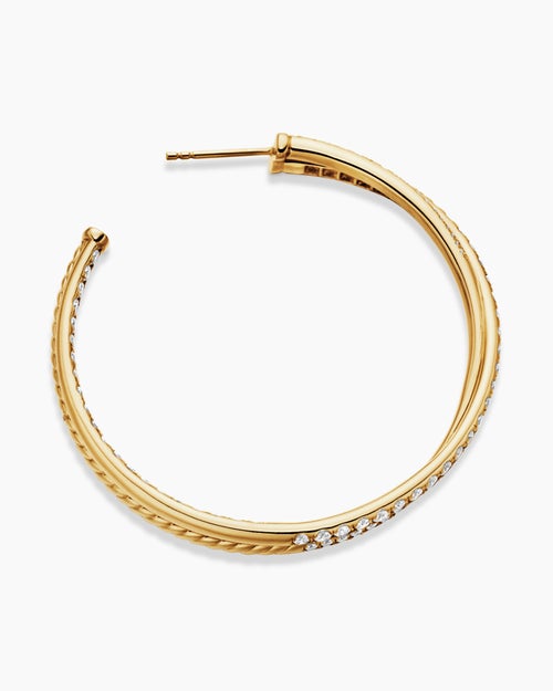 Womens Pavé Crossover Hoop Earrings in 18K Yellow Gold with Diamonds, 1.75in