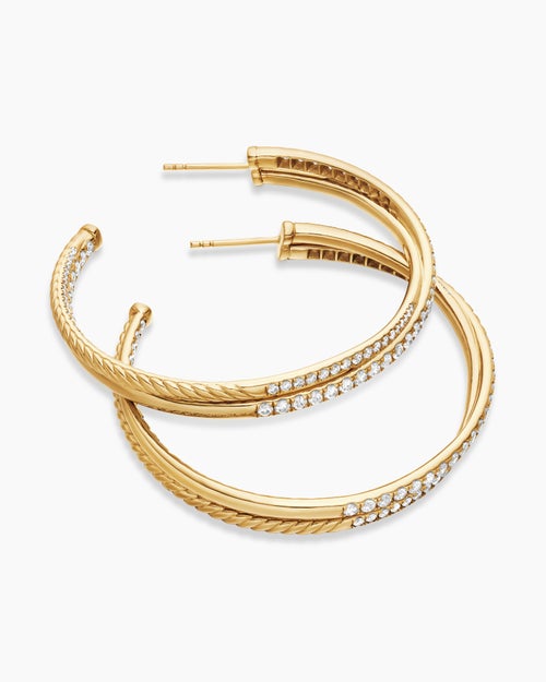 Womens Pavé Crossover Hoop Earrings in 18K Yellow Gold with Diamonds, 1.75in