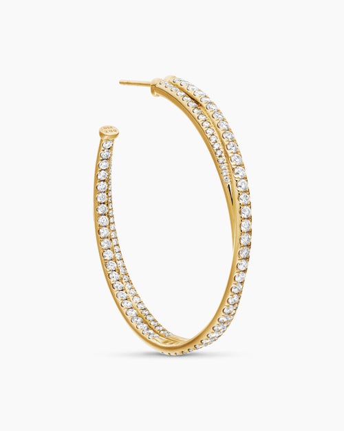 Womens Pavé Crossover Hoop Earrings in 18K Yellow Gold with Diamonds, 1.75in