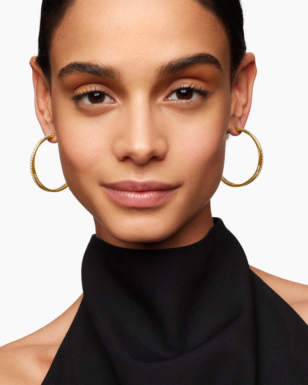 Womens Pavé Crossover Hoop Earrings in 18K Yellow Gold with Diamonds, 1.75in