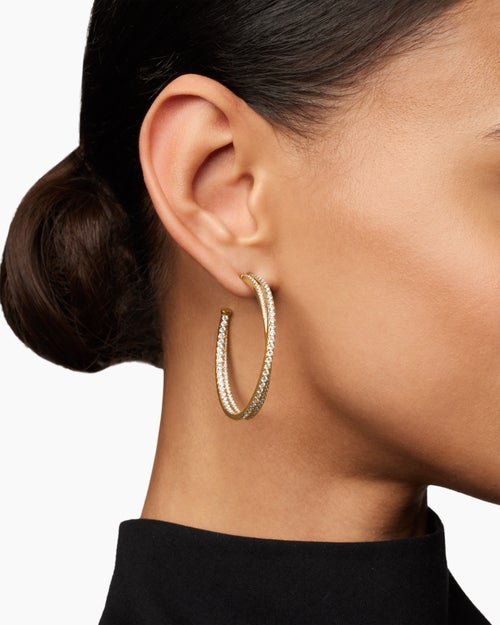 Womens Pavé Crossover Hoop Earrings in 18K Yellow Gold with Diamonds, 1.75in