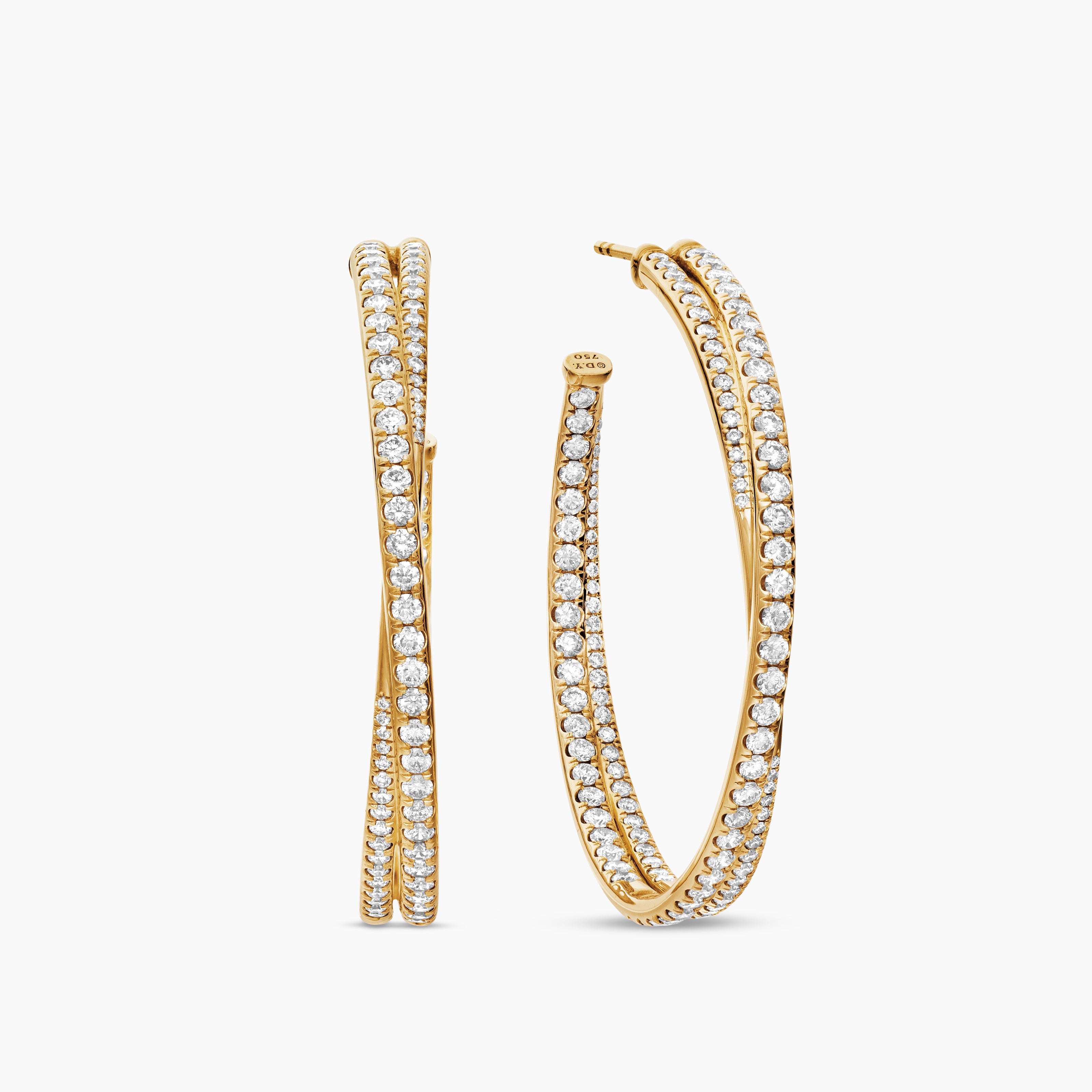 Womens Pav&eacute; Crossover Hoop Earrings in 18K Yellow Gold with Diamonds, 1.75in