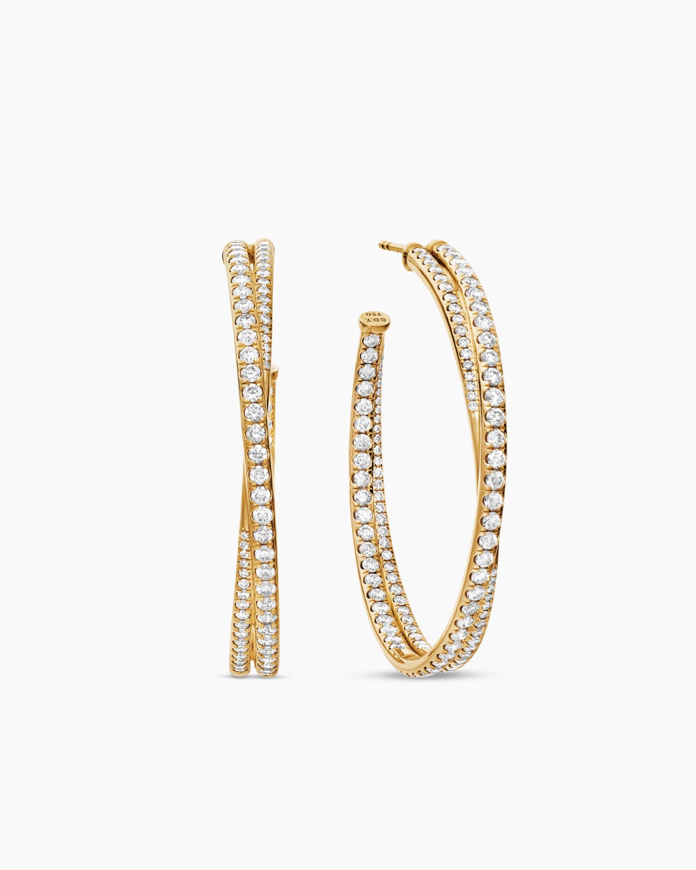 Womens Pavé Crossover Hoop Earrings in 18K Yellow Gold with Diamonds, 1.75in