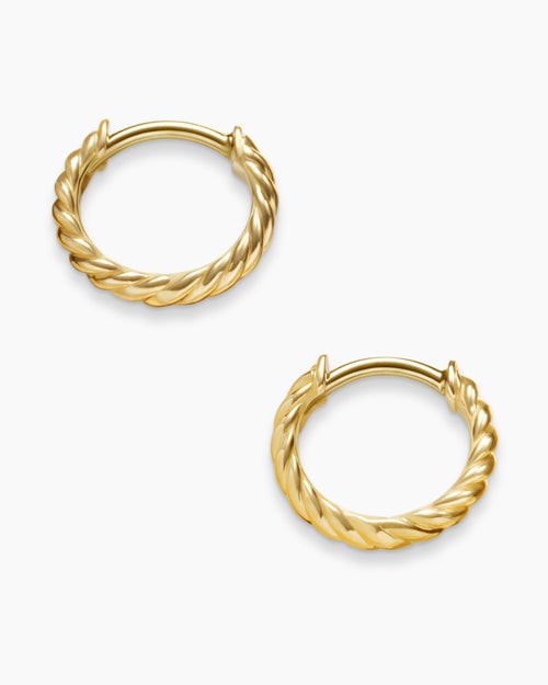 Womens Sculpted Cable Micro Huggie Hoop Earrings in 18K Yellow Gold, 10.7mm